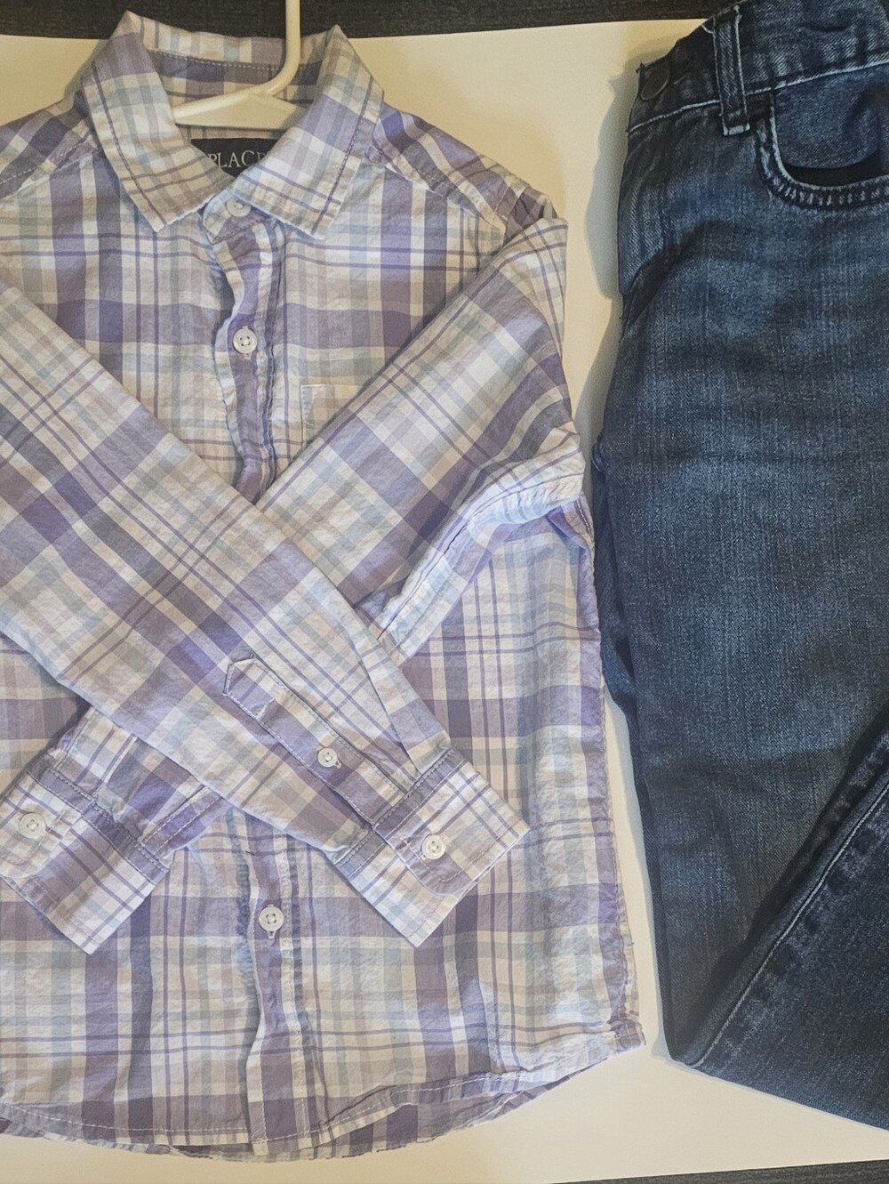 The Children's Place Purple Plaid Button-Down Shirt And Light Denim Jeans.